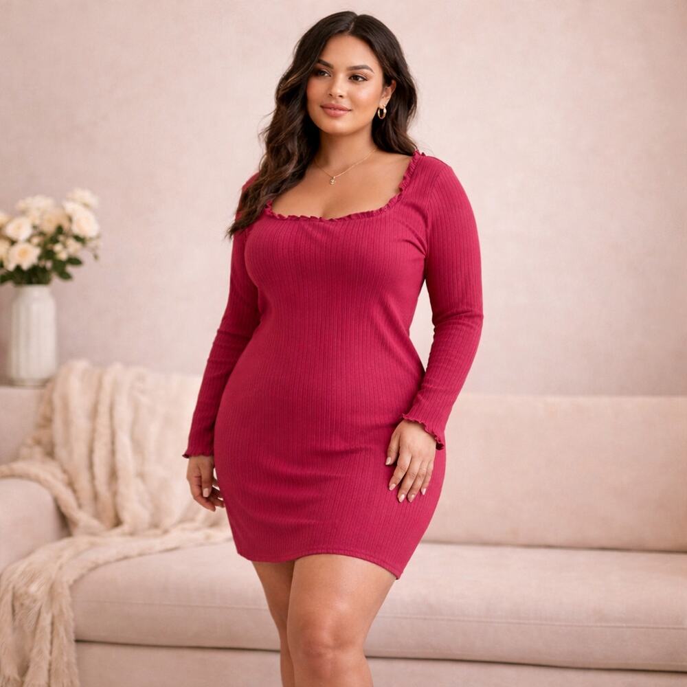 NWT Forever 21+ Long Sleeve Ruffle Short Stretch Knit Dress in Berry Plus Sz 1X